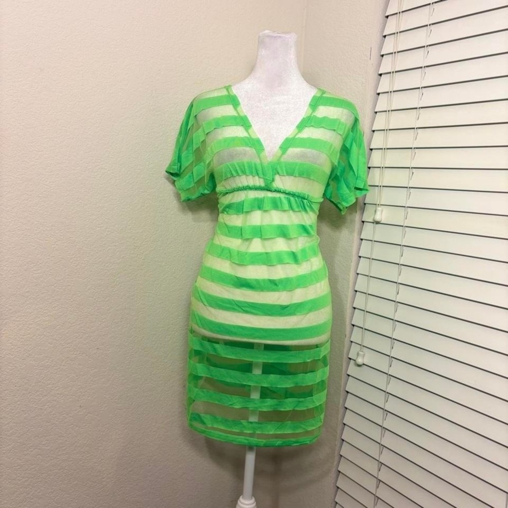 Y2K neon green striped sheer v neck babydoll top coverup rave funky size L